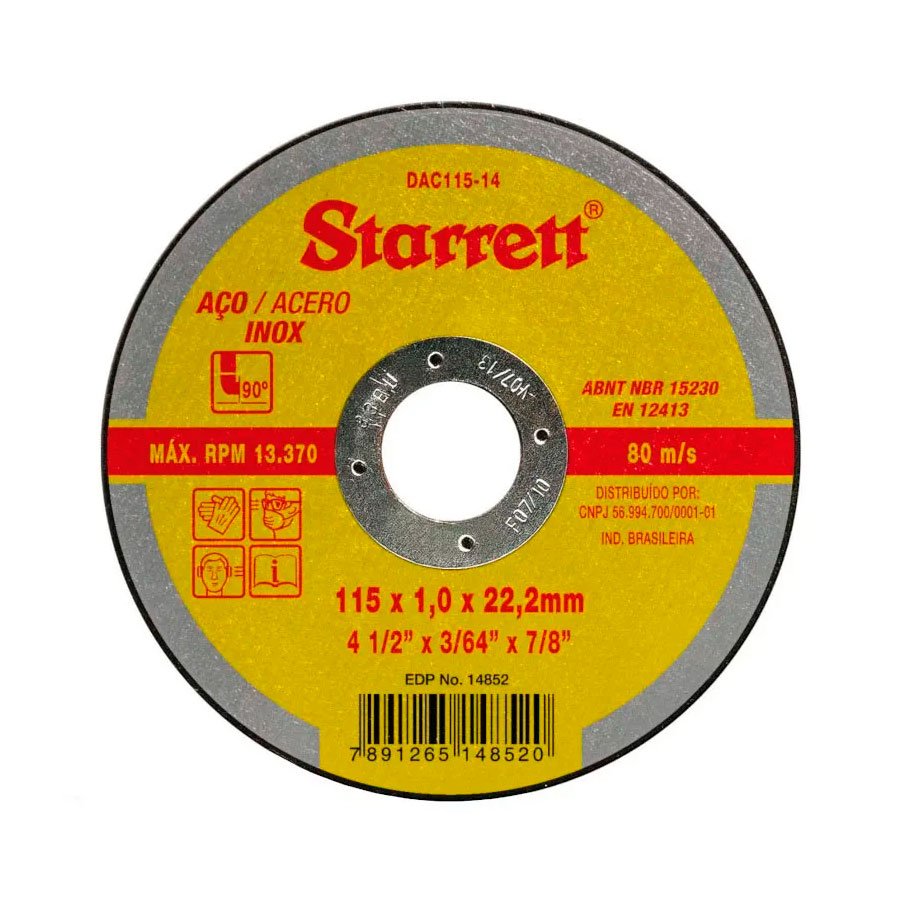 Disco de Corte 4.1/2" x 1.0mm x 7/8" Starrett DAC115-14 Disco de Corte 4.1/2" x 1.0mm x 7/8" Starrett DAC115-14